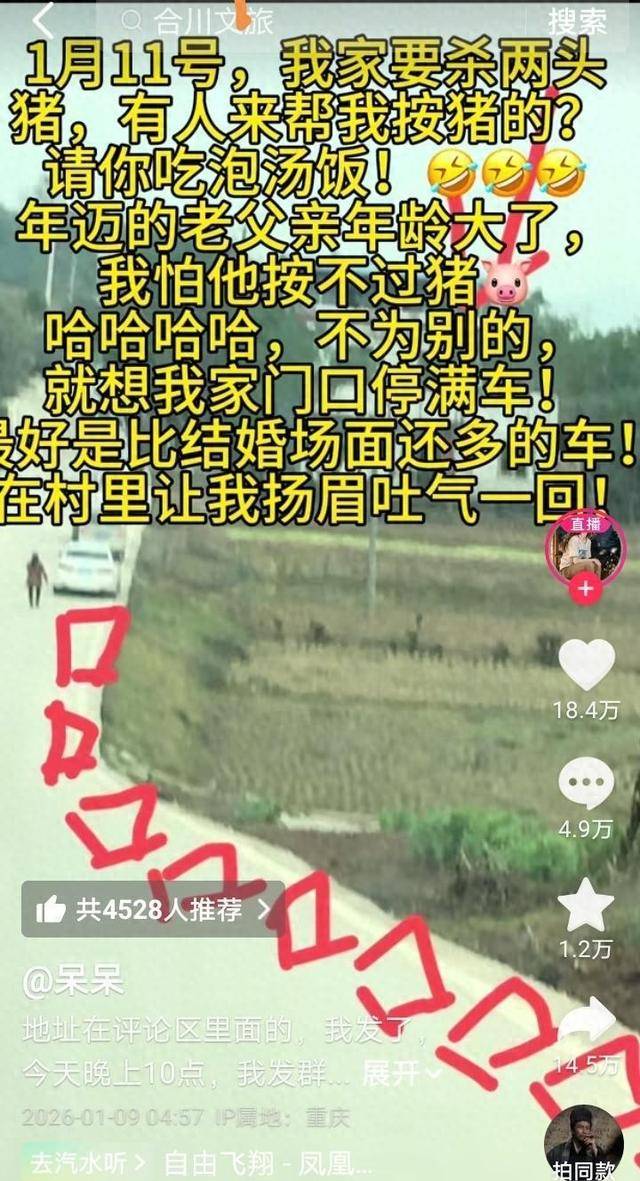 皇冠会员注册_重庆合川请大家吃杀猪饭的女子三天涨粉超56万皇冠会员注册，当地文旅连夜召开复盘会